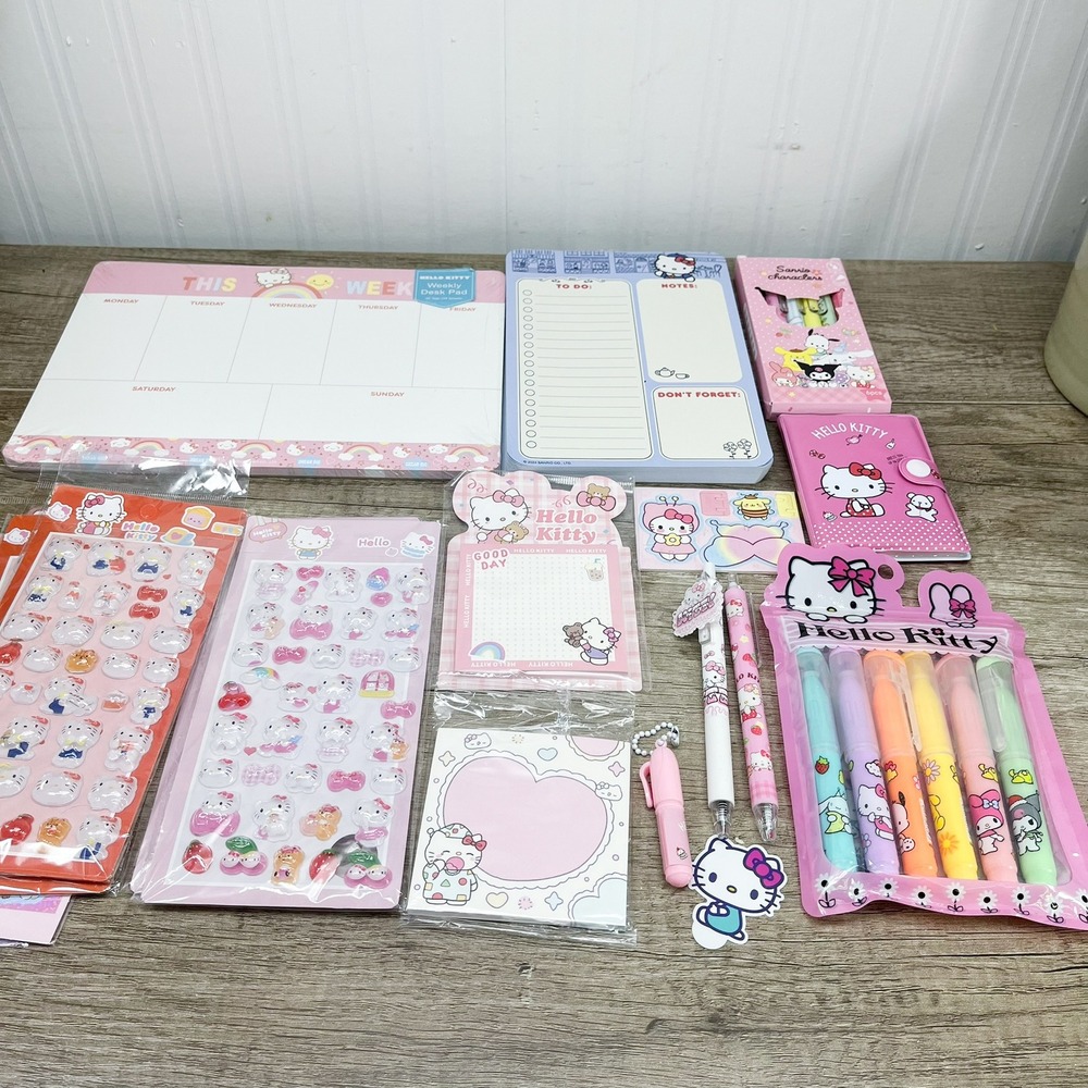 Sanrio Hello Kitty Stationery Set Weekly Desk Pad Stickers Highlighters Pens